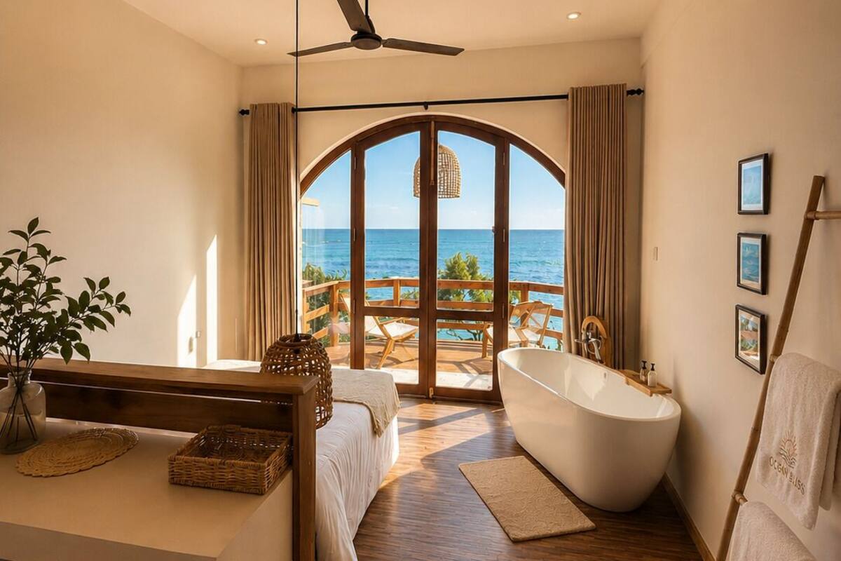 Une salle de bain moderne avec une baignoire sur pieds, un meuble-lavabo avec un miroir et une vue sur l’océan.