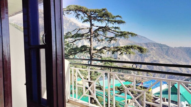 Un balcón con vistas a la montaña, un árbol y un edificio con techos verdes.