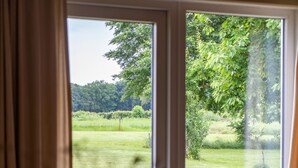A view through a door with a window, revealing a grassy outdoor area with trees and a clear sky. - Pet Friendly & Peaceful Stay (Beesel)