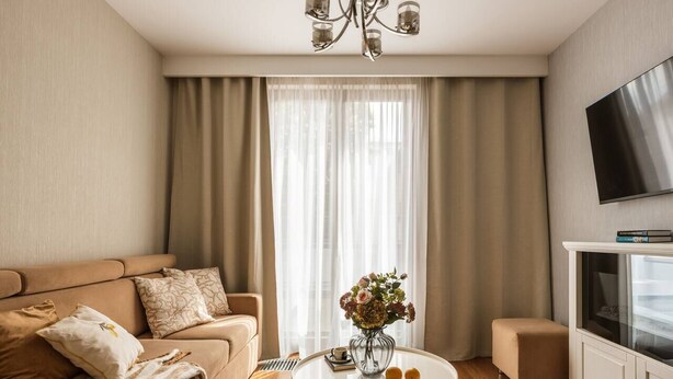 Una sala de estar moderna con un sofá, una mesa baja con flores, un televisor y un armario.