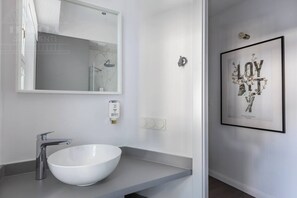 Secador de cabelo, toalhas de banho, sabonete, papel higiênico