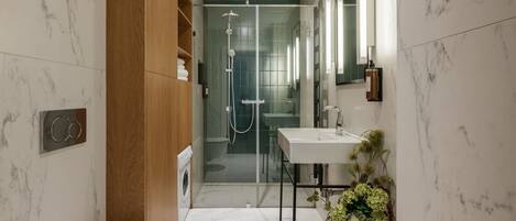 Hair dryer, towels, soap, toilet paper
