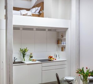 Fridge, microwave, stovetop, electric kettle