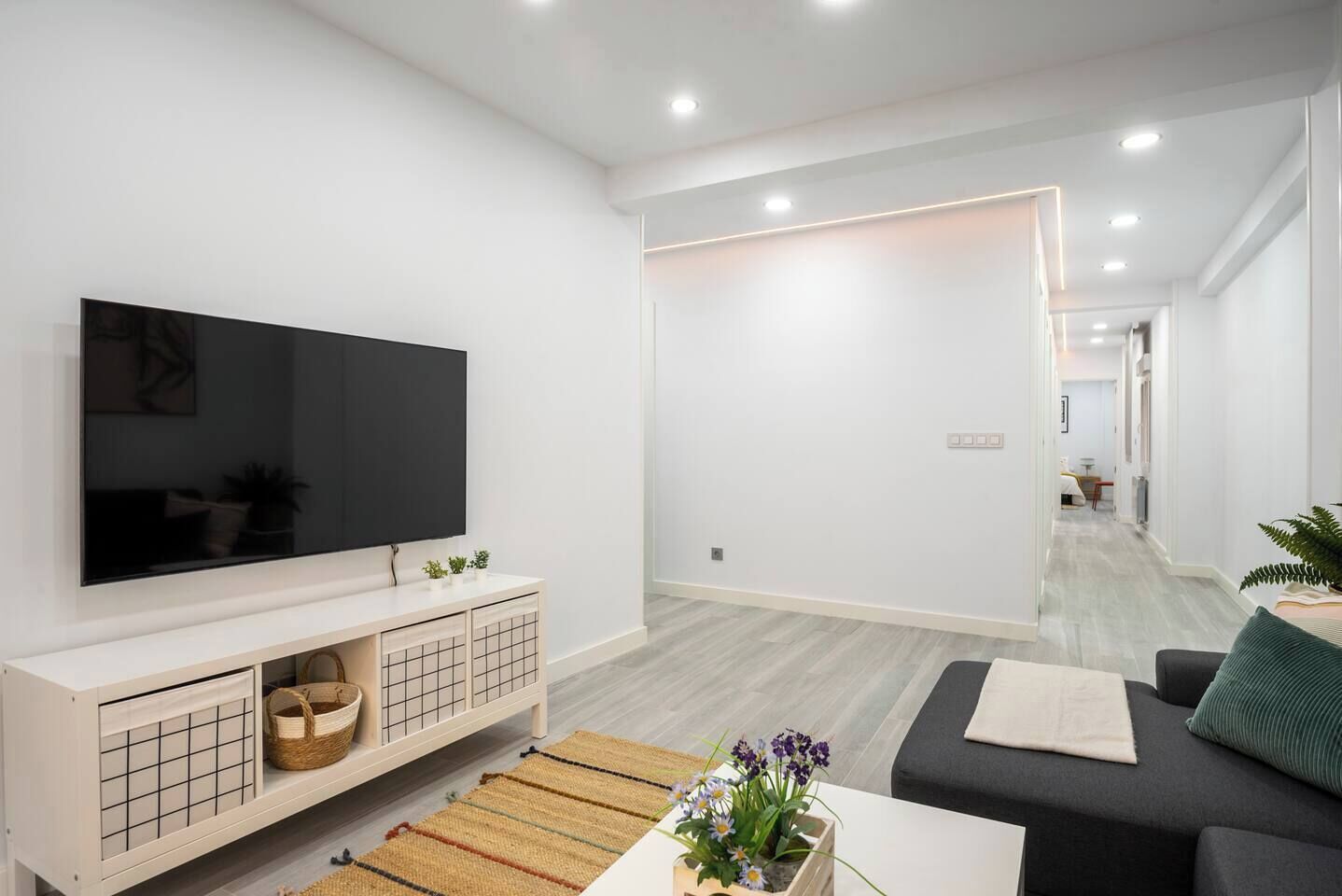 Un salon moderne avec un téléviseur à écran plat, un canapé, une table basse et une petite plante.
