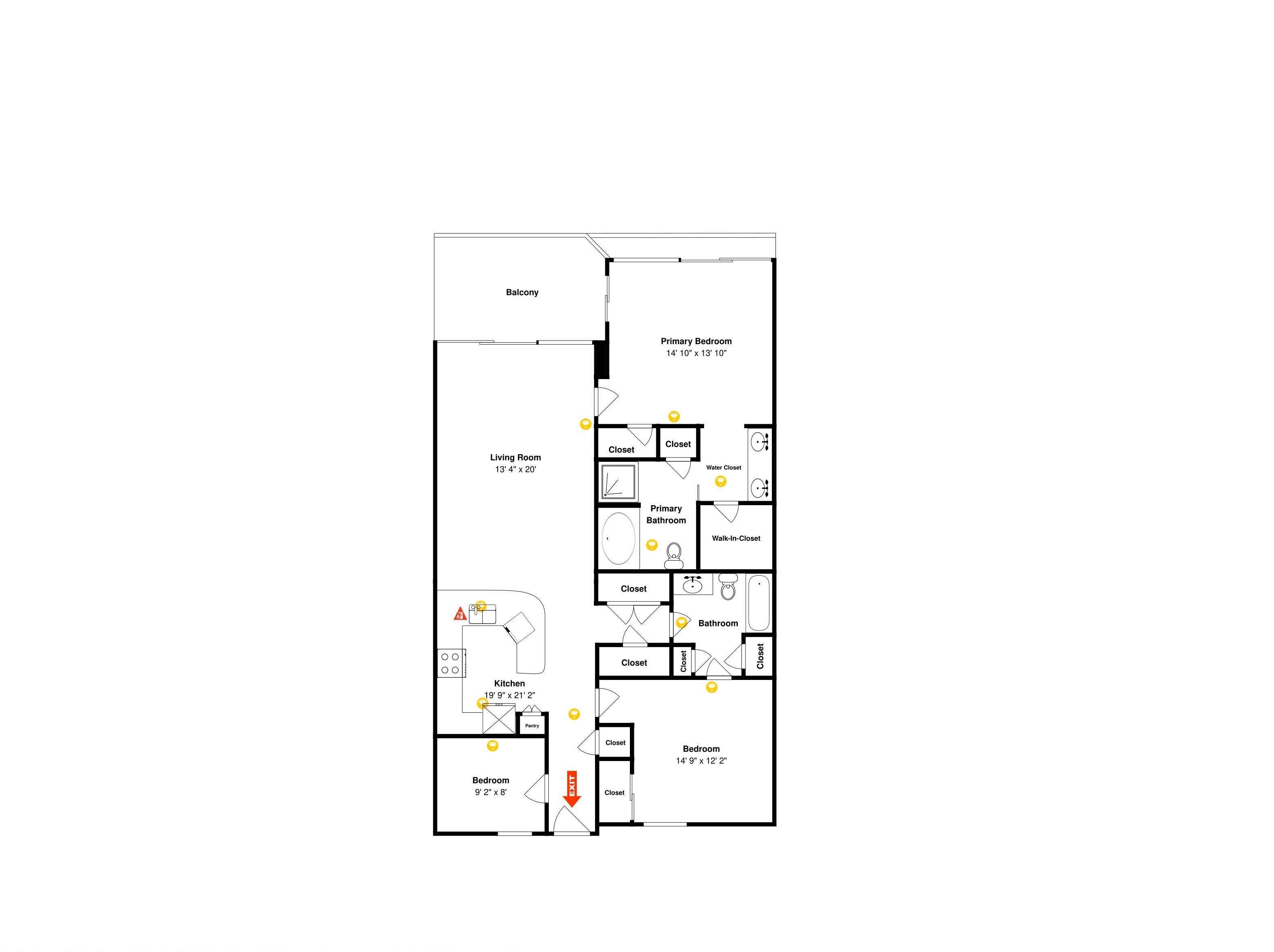 A floor plan of a hotel room with a balcony, a living room, a primary bedroom, a bathroom, a kitchen, and a closet.