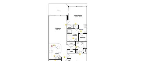 A floor plan of a hotel room with a balcony, a living room, a primary bedroom, a bathroom, a kitchen, and a closet.