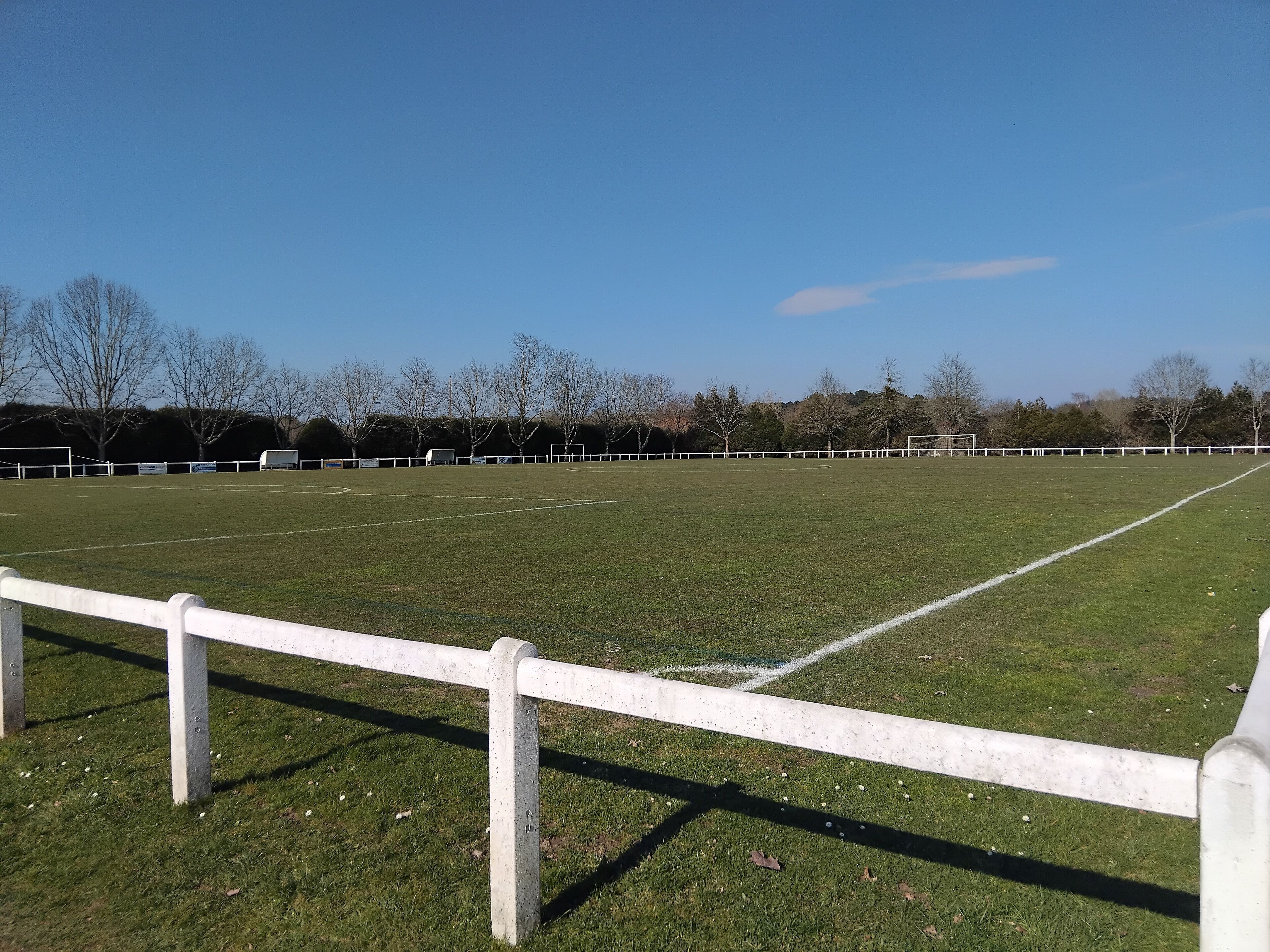 A large, open grassy field with white boundary lines, likely a sports field.