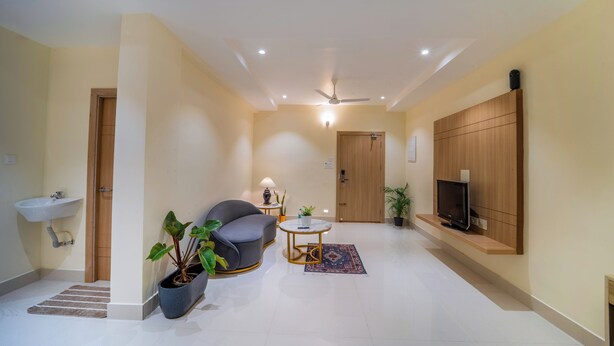 Un salon moderne comprenant un canapé, une table basse, un téléviseur posé sur une étagère en bois, une plante en pot et une petite table avec une lampe.