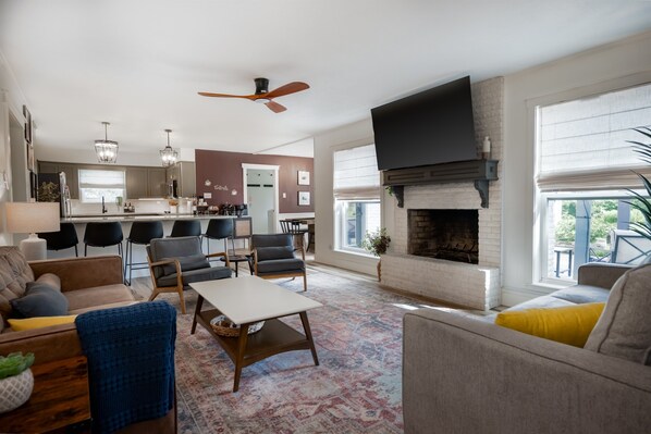 Smart TV, fireplace, video games, stereo