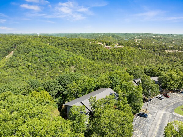 A residential area with multiple houses surrounded by dense forest, a parking lot, and a clear sky. - Ne16-2 Sleepy Bear Camp 2 Bedroom Condo (Branson West)