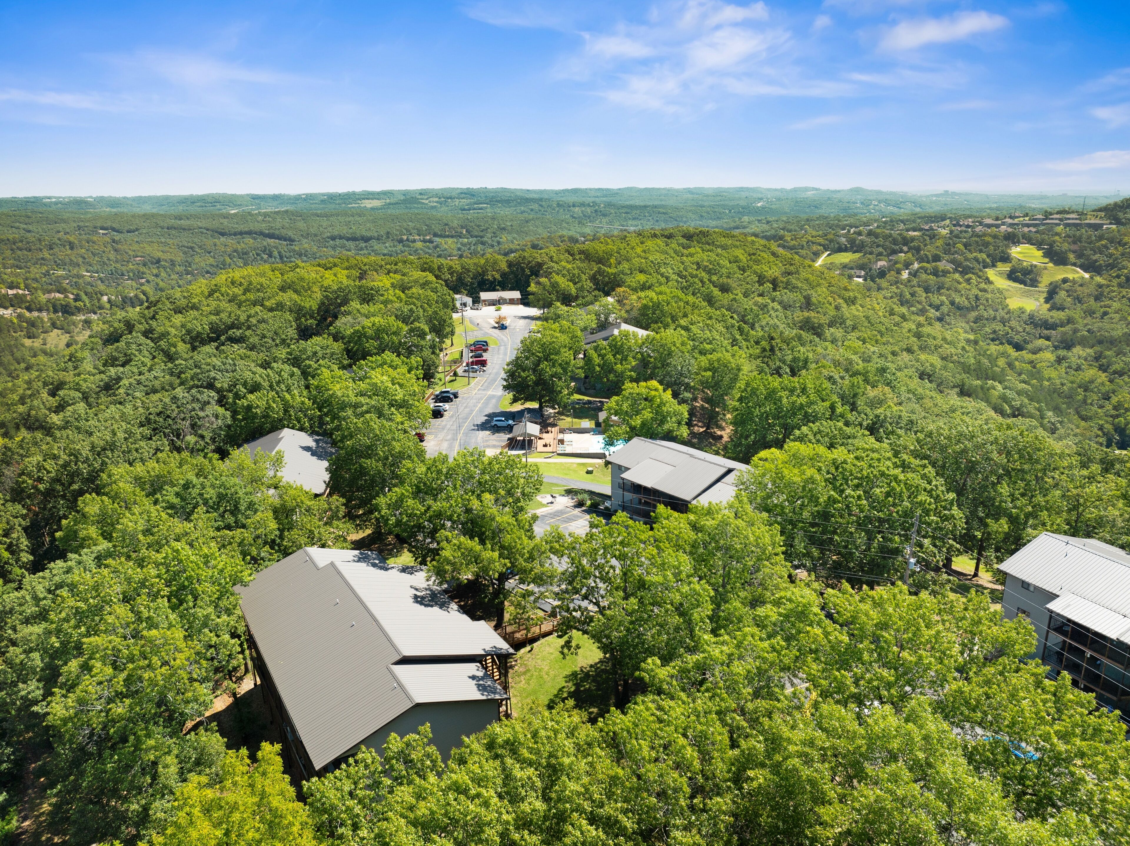 Vista aérea de uma área residencial com várias casas rodeadas por uma floresta densa, uma estrada principal e céu claro.