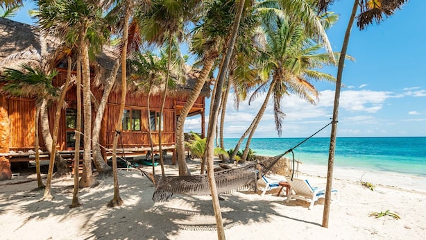 Une scène de plage avec une hutte au toit de chaume, des palmiers, un hamac et une chaise de plage.