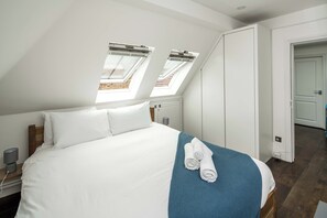 A bedroom with a large bed, skylights, and a view of the outside.