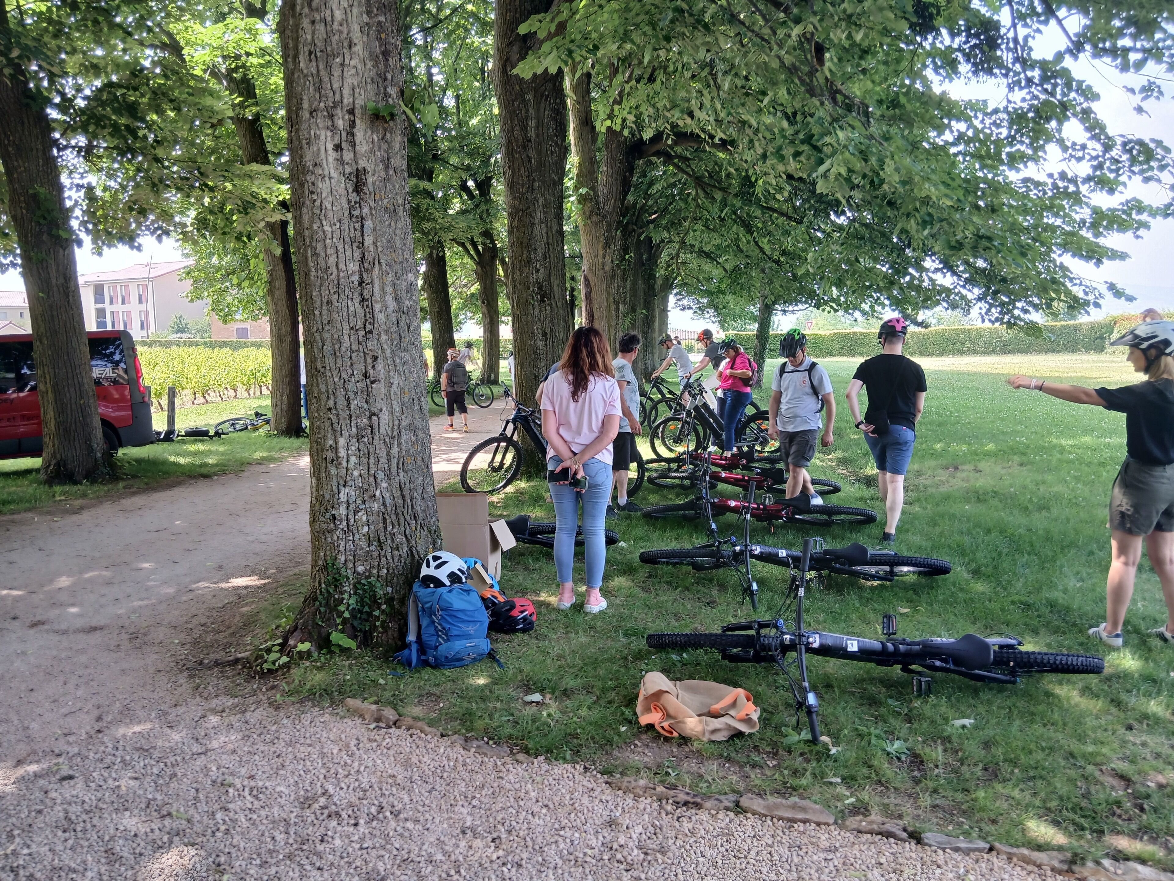 Eine Gruppe von Personen in einem Park, umgeben von Fahrrädern.