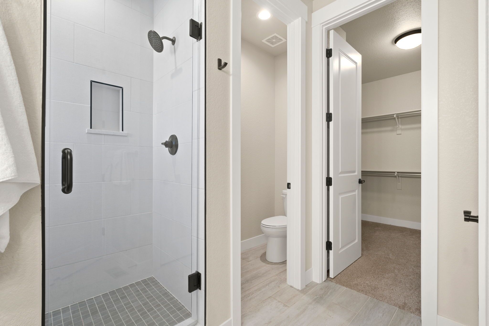 A modern bathroom with a glass shower enclosure, a toilet, and a walk-in closet with a mirror.
