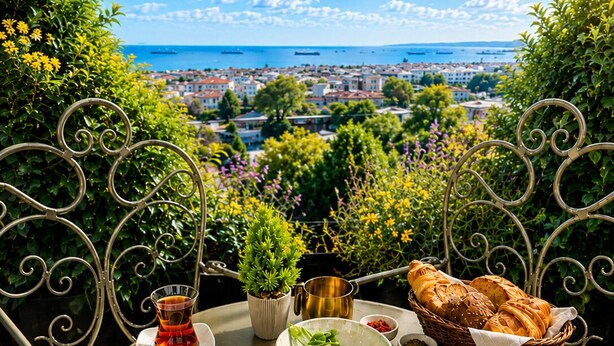 Una mesa con diversos platos, vistas de la ciudad y una silla metálica.