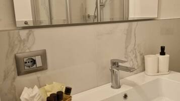 Shower, hair dryer, bidet, towels