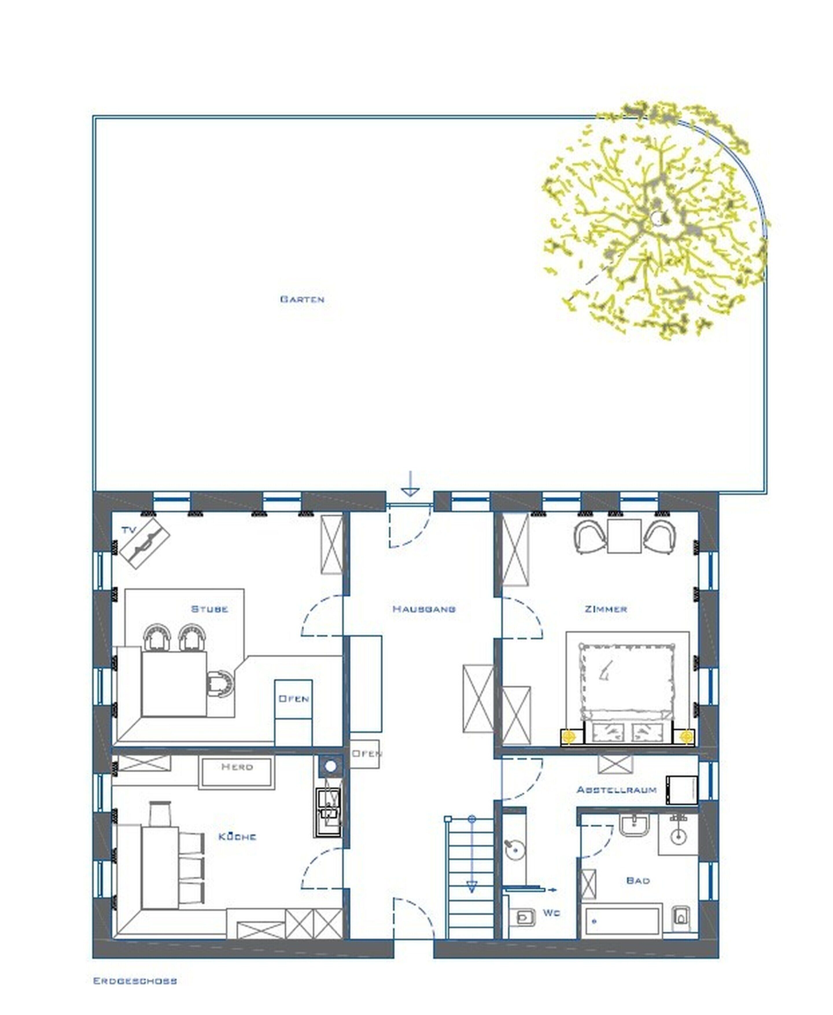 A hotel floor plan with a garden view, a kitchen, a dining area, a living room, a bathroom, and a bedroom.