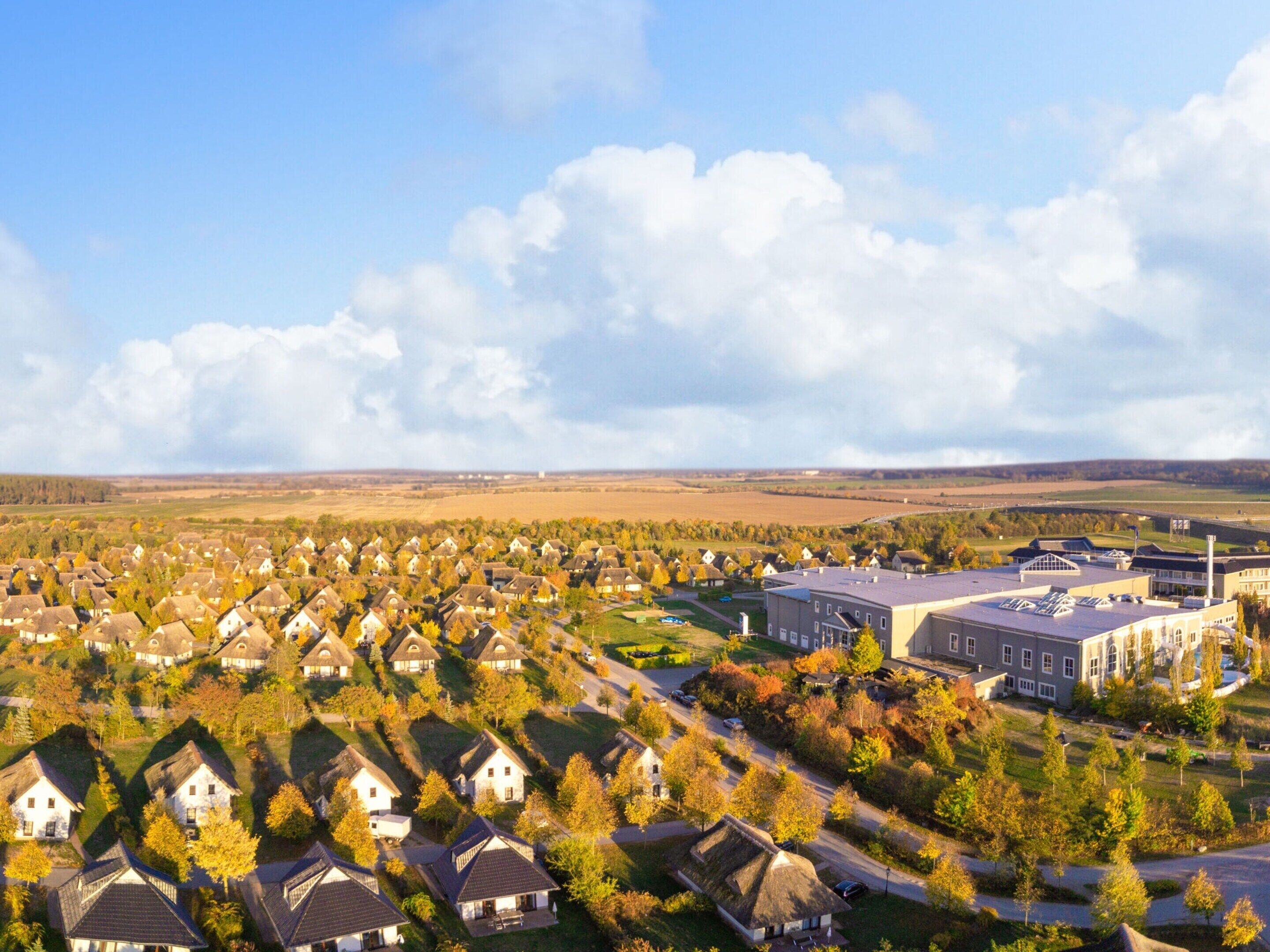 A residential area with houses and a large building, likely a school or community center, surrounded by open fields.