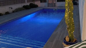 A swimming pool with a cactus decoration, a striped towel, and a fence in the background. - Riumar Nature 38, villa at 100 meters from the beach in the urbanization of Riumar.  (Riumar)
