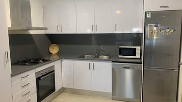 Een microgolfoven, een oven, een kookplaat, een vaatwasser