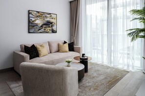 Deluxe Apartment, Balcony, City View | Living area - Waves - Luxury Meets Comfort Modern 1 (Dubai)