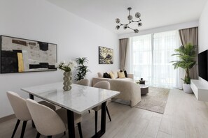 Deluxe Apartment, Balcony, City View | Dining room - Waves - Luxury Meets Comfort Modern 1 (Dubai)