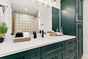 Hair dryer, towels, soap, shampoo