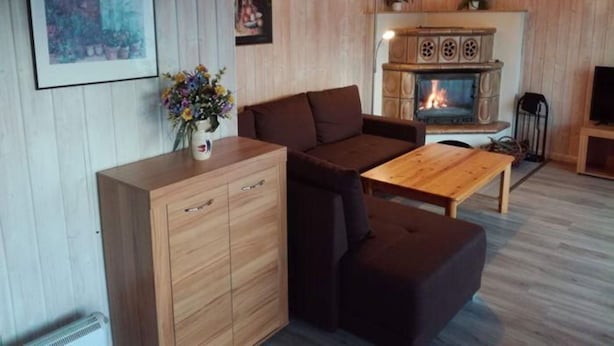 En hyggelig stue med sofa, skammel, træskab og pejs.