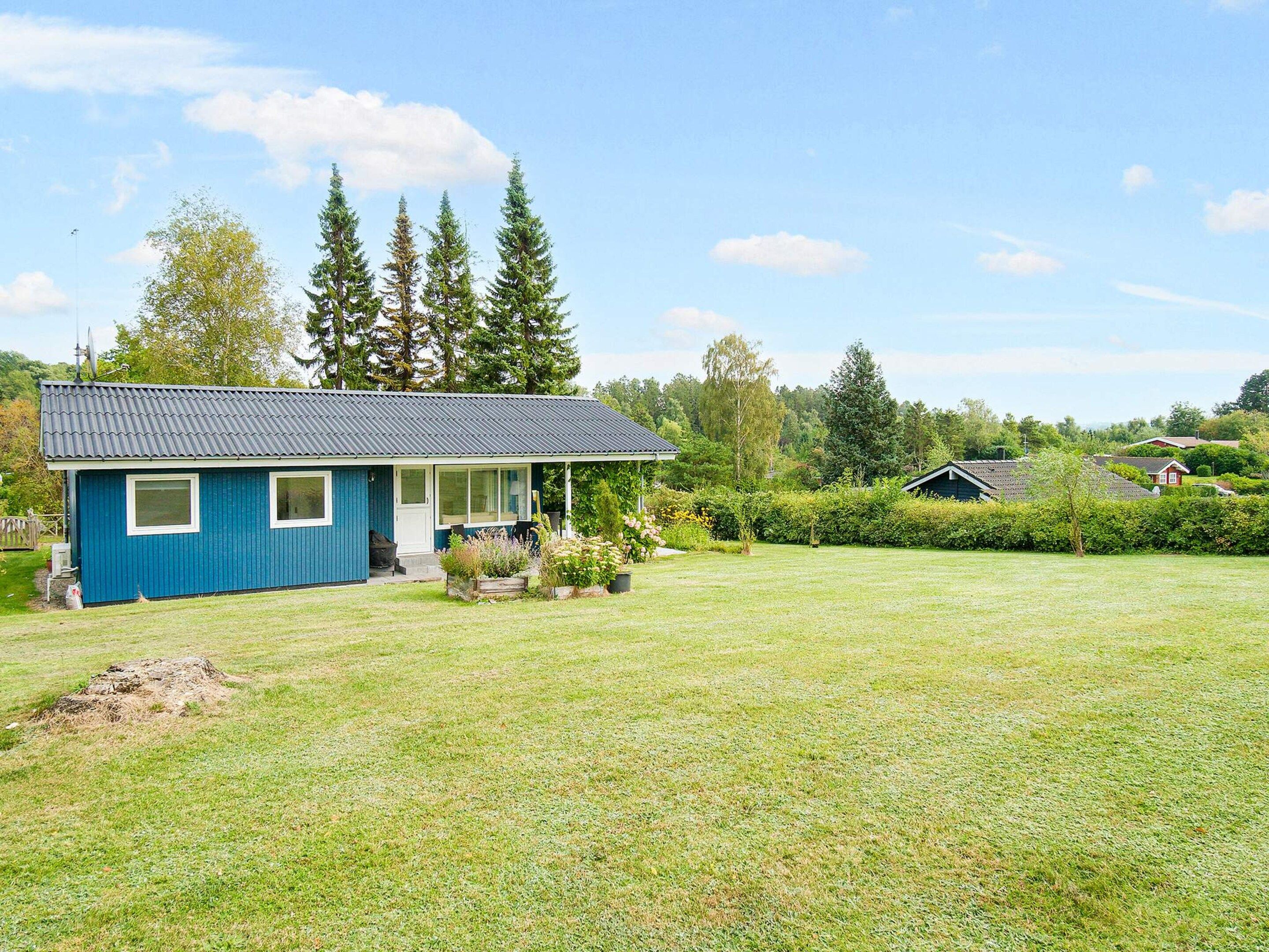 A single-story blue house with a covered porch, surrounded by a grassy yard and a forested area.