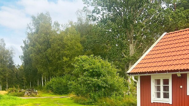 A red building with a sloped roof, surrounded by a grassy area and dense trees. - 5 Person Holiday Home in Linneryd (Linneryd)