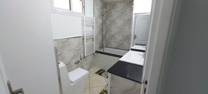 Hair dryer, towels, soap, shampoo