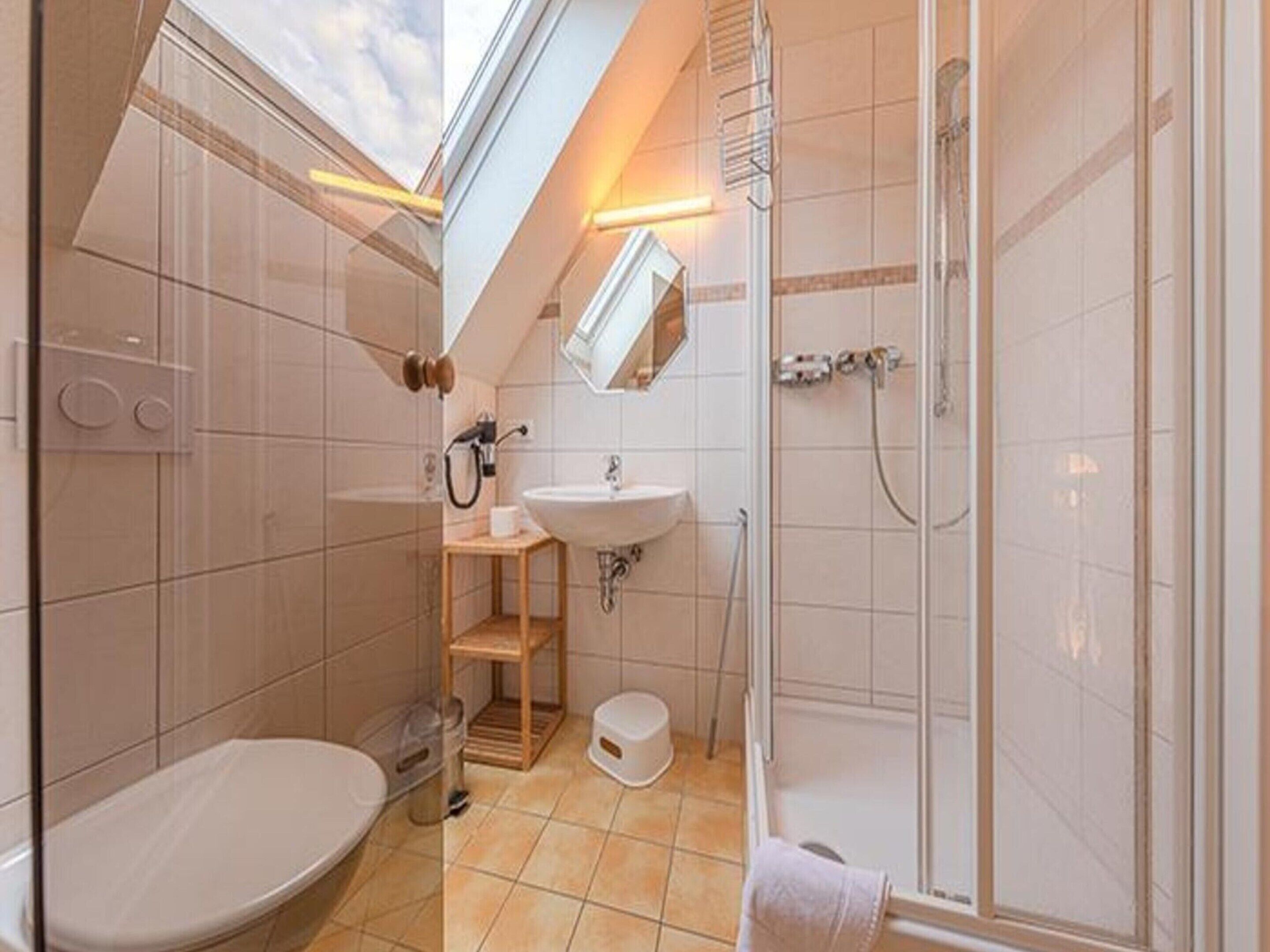 A compact bathroom with a skylight, a sink, a toilet, and a shower.
