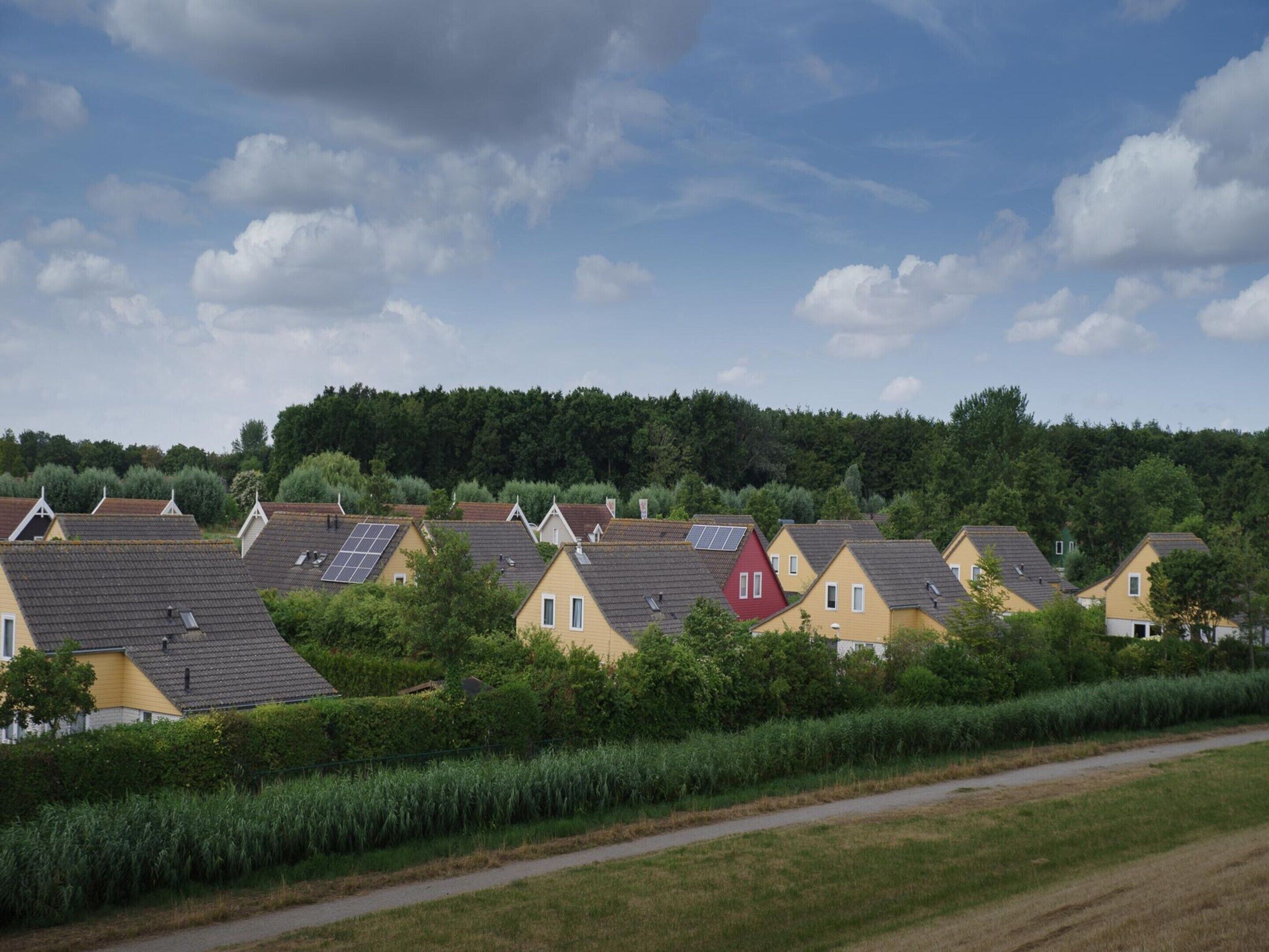 Een rij huizen met schuine daken, waarvan sommige zonnepanelen hebben, omgeven door groen en een heldere lucht.