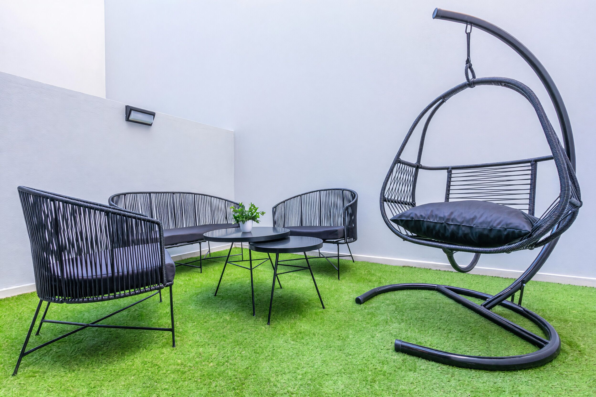 Una habitación con una silla colgante, dos sillas, una mesita y una planta en maceta.
