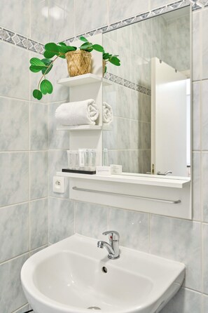 Hair dryer, towels, soap, shampoo