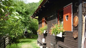 A wooden cabin with a small porch, a stone pathway, and a garden area with a grill and potted plants. - Ferienhaus in Wieda mit Garten (Walkenried)