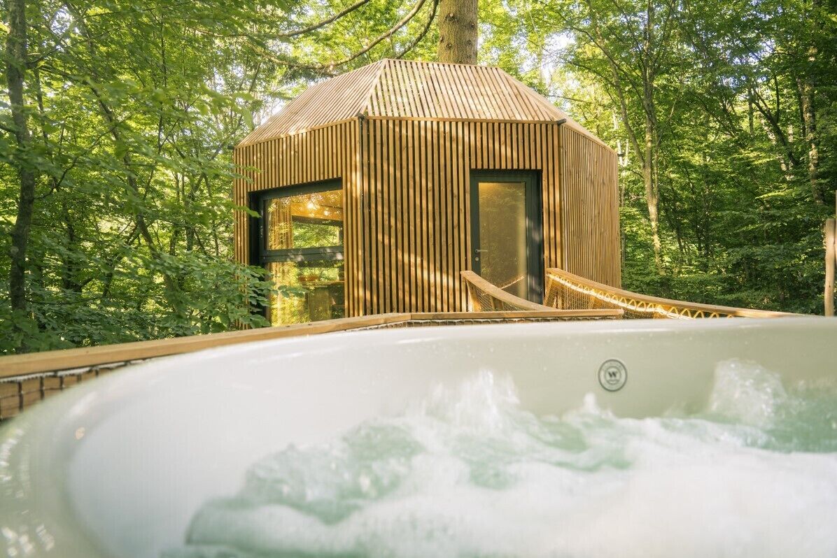 Een houten blokhut met een hottub, gelegen in een bos.
