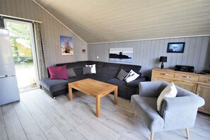 A modern living room with a grey sofa, a wooden coffee table, and a grey armchair. There are two framed pictures on the wall, a television on a wooden cabinet, and a window with curtains. - Skandinavisches Ferienhaus in Mirow (Mirow)