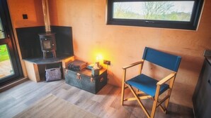 A cozy room with a wood-burning stove, a blue chair, and a window overlooking greenery.