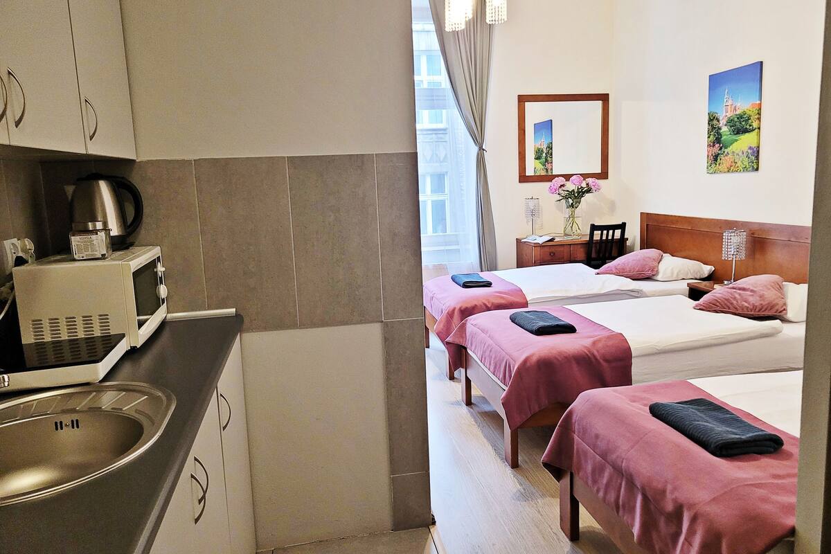 Una camera d'albergo con angolo cottura, due letti con biancheria rosa, una testiera in legno, un comodino, una lampada e un quadro appeso al muro.