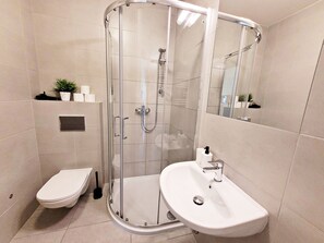 Ducha, secador de pelo, toallas, jabón