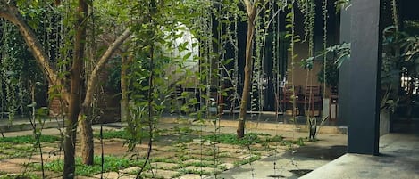 An outdoor courtyard with trees, a concrete pathway, and a building structure in the background.