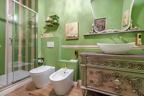 Shower, hair dryer, bidet, towels