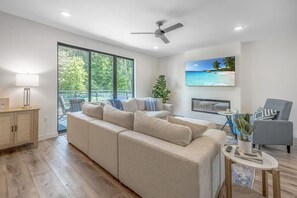 TV connectée, cheminée, livres