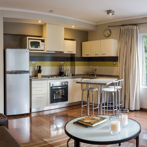 Fridge, microwave, oven, stovetop