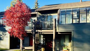 A two-story house with a balcony, a red-leafed tree, and a chimney.