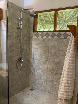 Regadera, amenidades de baño ecológicas, secadora de cabello, toallas 