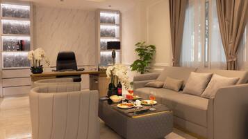 Presidential dubbelrum - 1 sovrum - utsikt mot trÀdgÄrden | VÀrdeförvaringsskÄp pÄ rummet, skrivbord, gratis wi-fi och sÀngklÀder