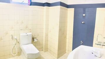 Shower, jetted tub, towels, soap